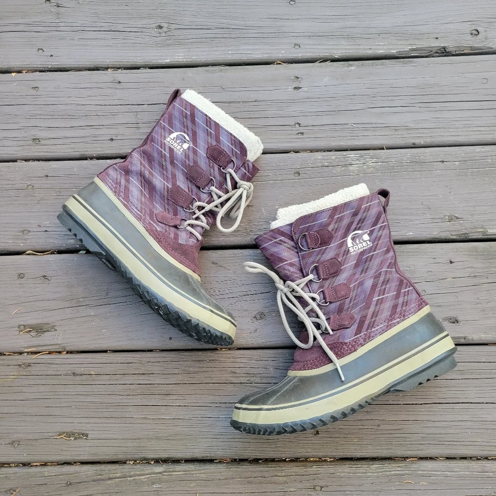 Sorel 1964 Pac Purple White Plaid Leather Sherpa Pile Winter Snow Duck Boots‎